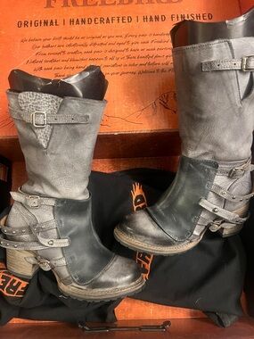 Freebird Clayton Two-Tone Gray and Black Leather Mid-Calf Harness Boots